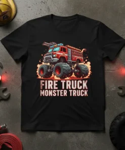 Fire Truck Monster Truck design featuring a red monster truck with large wheels and flames, text reads "FIRE TRUCK MONSTER