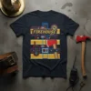 Firehouse Dept. text design on a navy t-shirt with axe, radio, and badge graphics