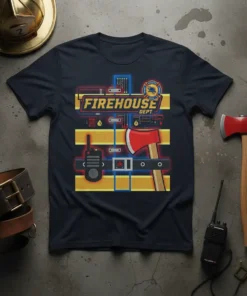 Firehouse Dept. text design on a navy t-shirt with axe, radio, and badge graphics