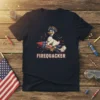 Firequacker text with a cartoon duck wearing a tricorn hat riding a rocket, set against fireworks