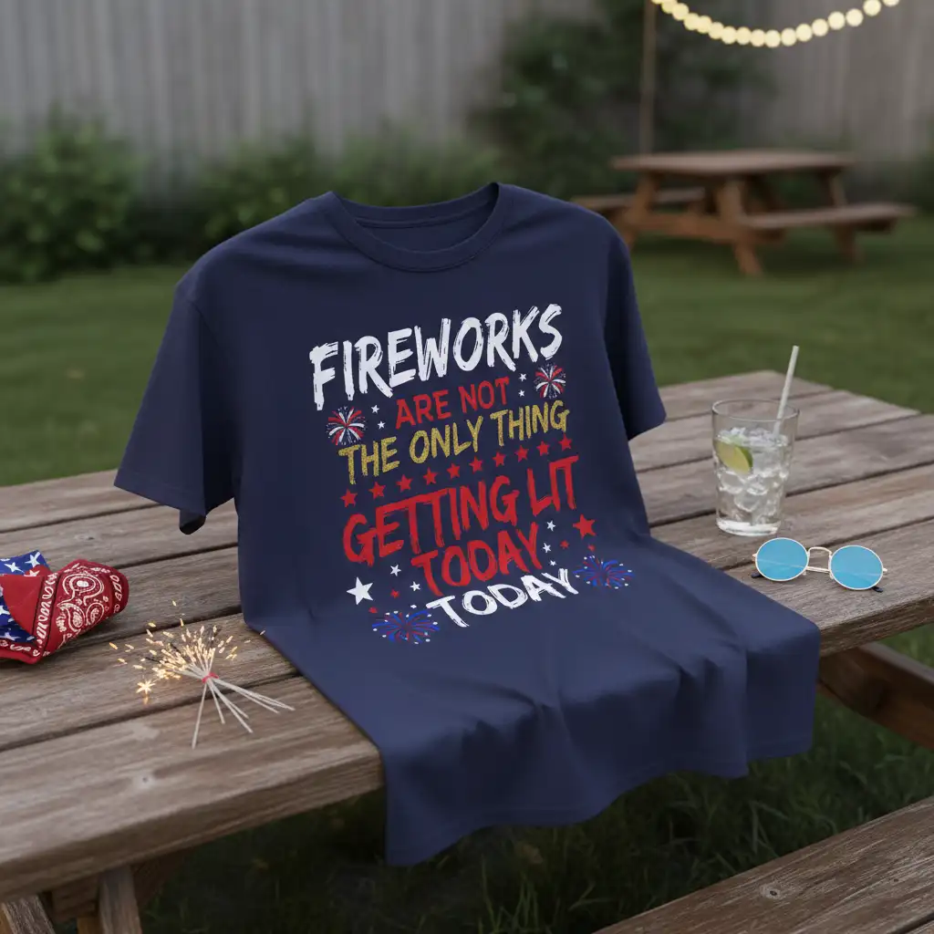 FIREWORKS ARE NOT THE ONLY THING GETTING LIT TODAY text design with patriotic elements on a navy blue t-shirt