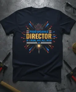 Fireworks Director If I Run, We All Run quote on a navy t-shirt with colorful firework graphics