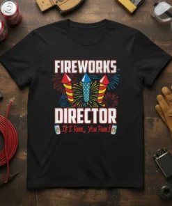 FIREWORKS DIRECTOR If I Run, You Run! text with fireworks and rockets graphic on a black t-shirt