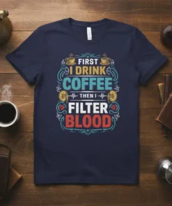 First I Drink Coffee Then I Filter Blood t-shirt with coffee and kidney graphics
