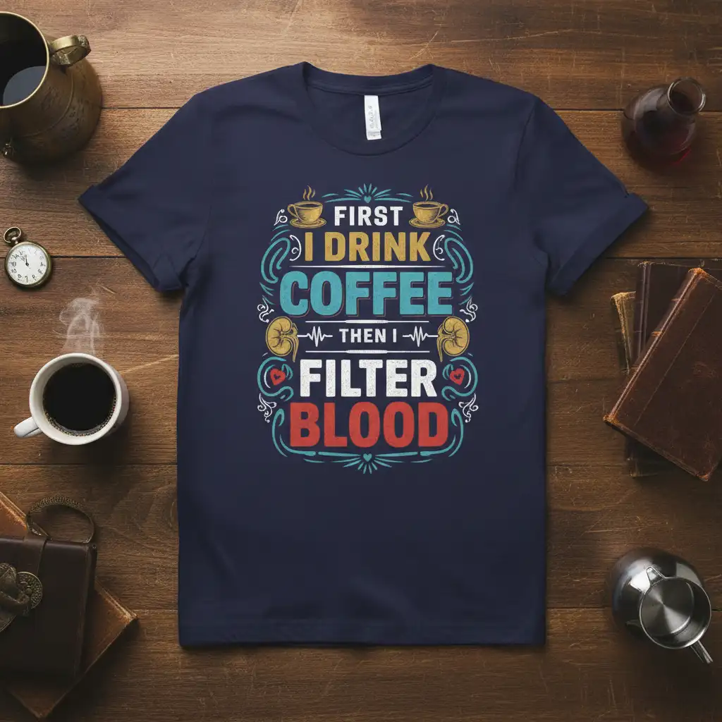 First I Drink Coffee Then I Filter Blood t-shirt design with medical and coffee theme graphics