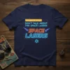 T-shirt with neon text "First Rule of Judaism Don't Talk About The Space Lasers" and graphic of space lasers and
