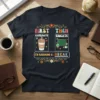 Teacher t-shirt with text "First Then Caffeinate Educate I'm Earning a Break" and graphics of coffee and classroom elements