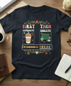 Teacher t-shirt with text "First Then Caffeinate Educate I'm Earning a Break" and graphics of coffee and classroom elements