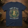 First Of All I'm A Delight quote with a regal cat sitting in a green armchair, on a navy blue