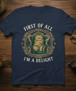 First Of All I'm A Delight quote with a regal cat sitting in a green armchair, on a navy blue