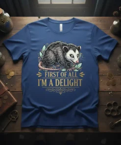 Opossum wearing leaves and the text "First Of All I'm A Delight" on a blue t-shirt