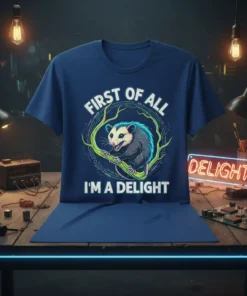Opossum on a branch text "FIRST OF ALL I'M A DELIGHT" graphic tee