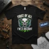 Black t-shirt with "FIRST OF ALL I'M A DELIGHT" text and a fierce skull graphic with glowing green eyes and