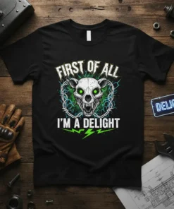 Black t-shirt with "FIRST OF ALL I'M A DELIGHT" text and a fierce skull graphic with glowing green eyes and