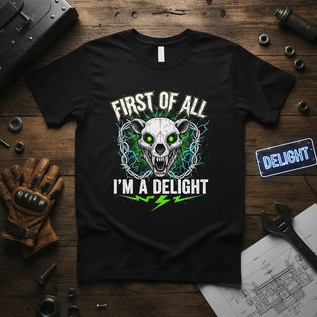 First Of All I'm A Delight quote with a fierce skull graphic and barbed wire on a black tee