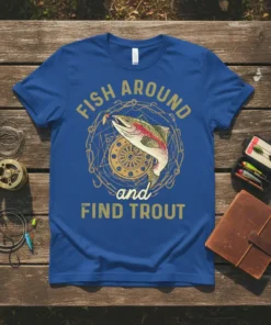 Blue t-shirt with gold text "FISH AROUND and FIND TROUT" and a graphic of a rainbow trout with fishing gear