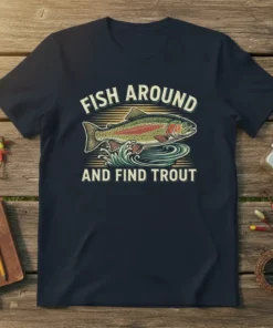 Fish Around And Find Trout text with a rainbow trout graphic on a navy blue t-shirt