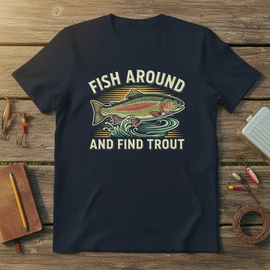 Fish Around And Find Trout text with detailed rainbow trout graphic on navy blue shirt