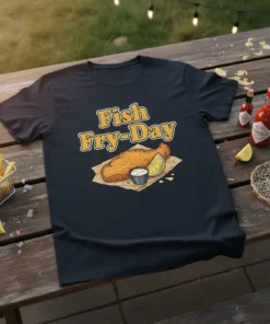 Fish Fry-Day t-shirt design with yellow text and a cartoon illustration of fried fish, lemon, and tartar sauce