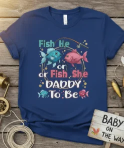 Fish He or Fish She DADDY To Be t-shirt design with blue and pink fish, fishing rod, and dots