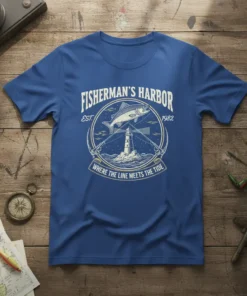 FISHERMAN'S HARBOR EST. 1982 text design featuring stylish typography on quality t-shirt