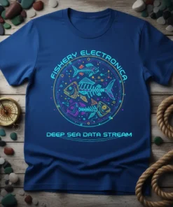 Fishery Electronica Deep Sea Data Stream t-shirt design featuring fish skeletons and data network graphics in neon colors