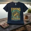 Fishing Is Always The Answer quote t-shirt design with a bass fish graphic and ornate border