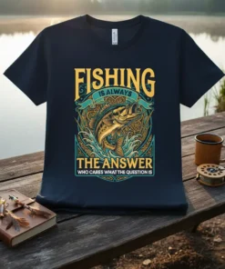 Fishing Is Always The Answer quote t-shirt design with a bass fish graphic and ornate border