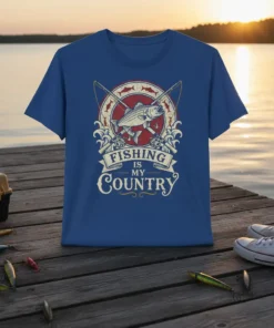Fishing Is My Country quote with a jumping fish and crossed fishing rods graphic on a blue t-shirt