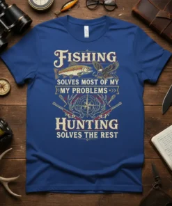 Fishing Solves Most Of My Problems Hunting Solves The Rest quote on a blue t-shirt with fish and eagle graphics