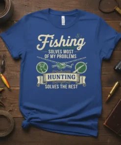 Fishing Solves Most of My Problems Hunting Solves the Rest text with fishing rod, reel, deer, and rifle graphics on