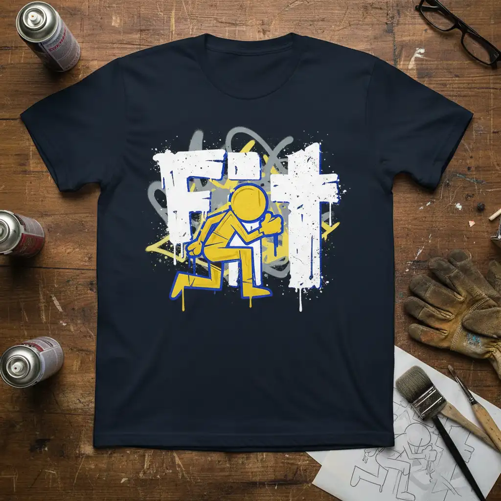 FIT word in white graffiti with yellow running figure on dark navy athletic t-shirt