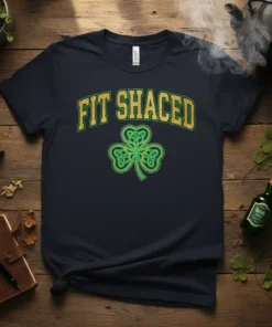 Navy t-shirt with green and gold "FIT SHACED" text and a Celtic shamrock graphic, perfect for St. Patrick's Day