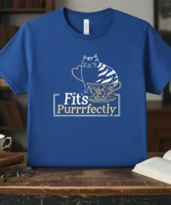 Fits Purrrfectly quote with a cute tabby cat sitting in a decorative teacup on a royal blue t-shirt
