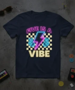 Retro neon "Five Is A Vibe" graphic tee with lightning bolt and peace signs, perfect for a 5th birthday celebration