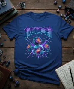 Five Two Crit text with exploding D20 and D10 dice graphics on a navy t-shirt for tabletop RPG players