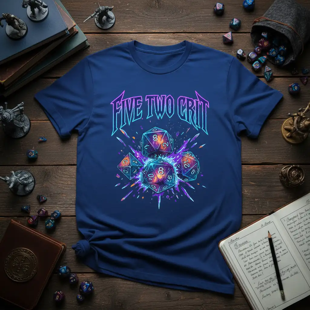 Stylized FIVE TWO CRIT text with exploding dice graphics, perfect for D&D and RPG enthusiasts