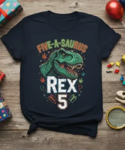 FIVE-A-SAURUS REX 5 t-shirt with a green T-Rex head and birthday decorations, designed for a 5th birthday
