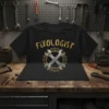Black t-shirt with "FIXOLOGIST" text in distressed gold and crossed wrenches graphic inside a gear, ideal for mechanics