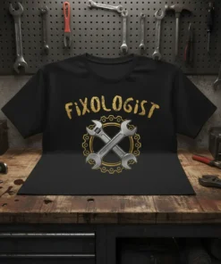 Black t-shirt with "FIXOLOGIST" text in distressed gold and crossed wrenches graphic inside a gear, ideal for mechanics