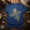 Flabbergasted text with a vintage man's surprised face and steampunk robot arm holding a glowing orb on a blue t-shirt