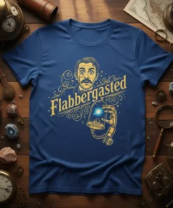 Flabbergasted text with a vintage man's surprised face and steampunk robot arm holding a glowing orb on a blue t-shirt