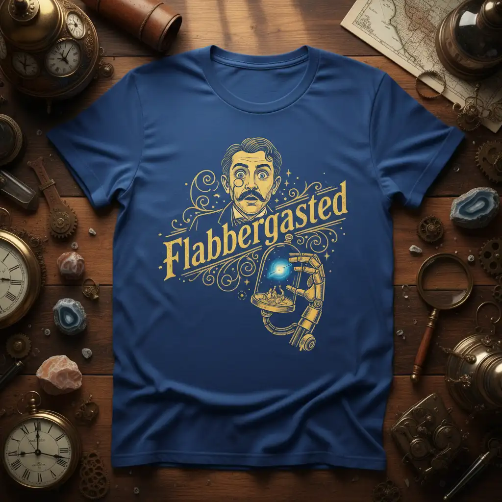 Flabbergasted quote with surprised vintage man and steampunk robot arm on a blue t-shirt design
