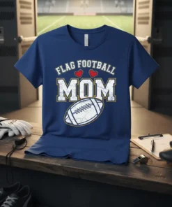 Flag Football Mom t-shirt with text and football graphic, navy blue shirt