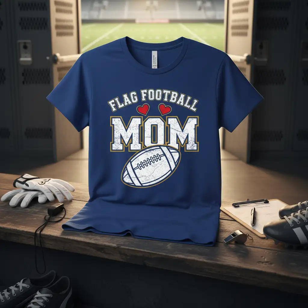 Flag Football Mom text design with two hearts and football graphic on a navy shirt