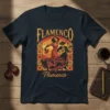 Flamenco Flamenco t-shirt design with a dancing woman and a man playing guitar, featuring Spanish tile art and vintage style