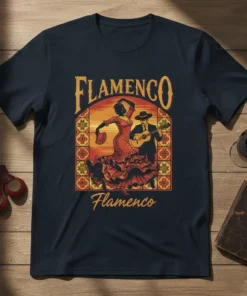 Flamenco Flamenco t-shirt design with a dancing woman and a man playing guitar, featuring Spanish tile art and vintage style