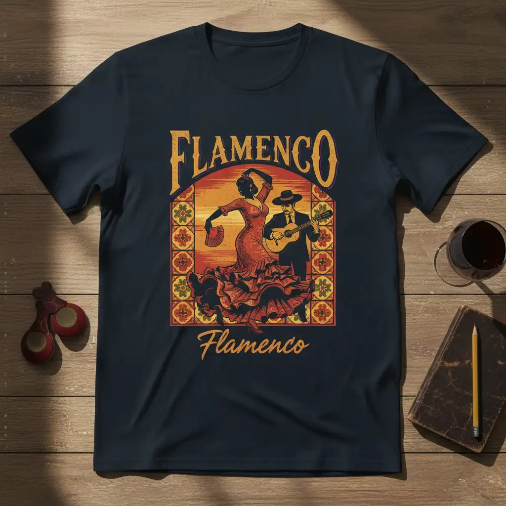 Flamenco Flamenco design with a passionate dancer and guitarist, framed by Spanish tile art, capturing cultural expression