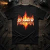 Flamer text design with fire flames graphic on black t-shirt, metal band style
