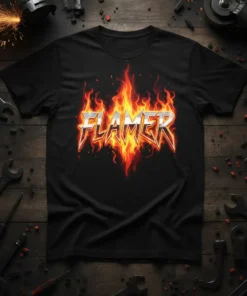 Flamer text design with fire flames graphic on black t-shirt, metal band style